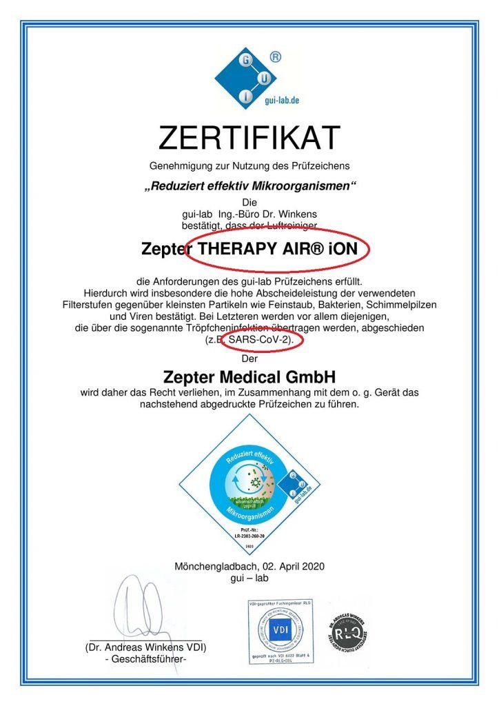 CRNI Zepter preciscivac vazduha THERAPY AIR IOn Black edition 4 Sertifikat korona virus GUI lab Zepter Therapy Air Ion preciscivac vazduha corona virus